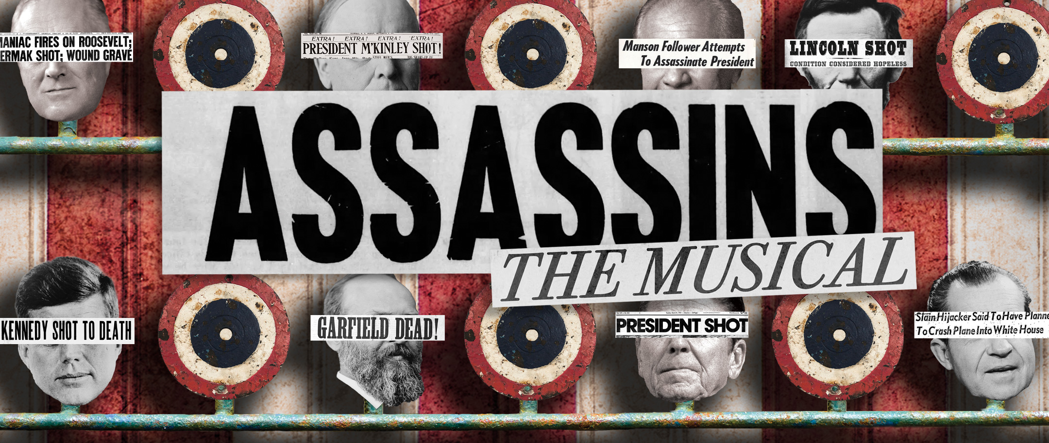 Assassins the Musical | shooting game targets between cut outs of presidents' heads