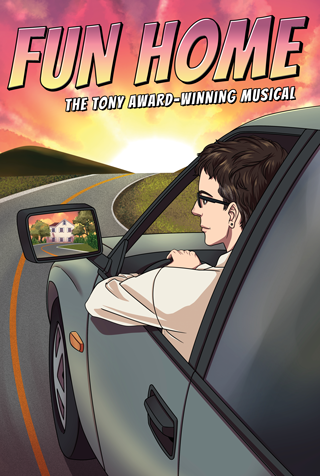 Fun Home | Image: Woman driving a car looking into her side mirror at a house receding in the distance. Ahead, the road curves through green hills toward the setting sun.